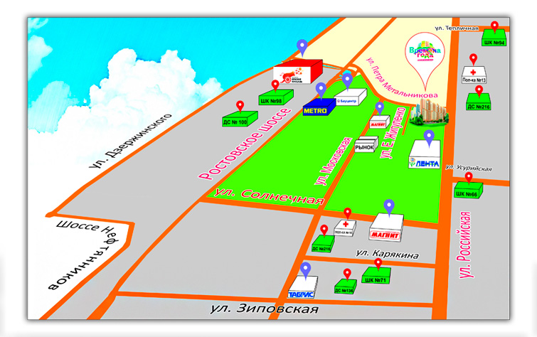 Карта проезда и района ЖК Времена Года в Краснодаре